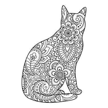 Kedi, doğulu süslemelerle çiçek deseni yapmış. Doodle tarzında el yapımı dekoratif bir hayvan. Dövmeler, pullar, kapaklar, kitaplar ve boyama için mehndi 'nin stilize dekorasyonu.