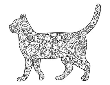 Kedi, doğulu süslemelerle çiçek deseni yapmış. Doodle tarzında el yapımı dekoratif bir hayvan. Dövmeler, pullar, kapaklar, kitaplar ve boyama için mehndi 'nin stilize dekorasyonu.