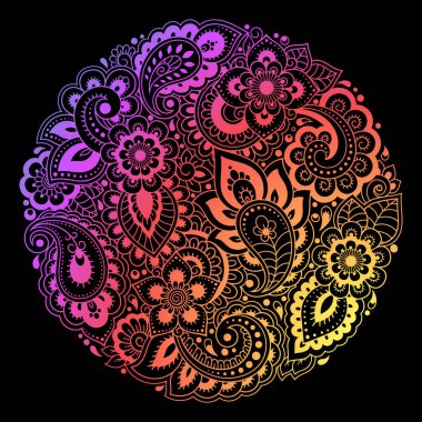 Mehndi ve Henna çizimleri için renkli çiçek desenleri. El çizimi süsü. Etnik doğuya özgü dekorasyon, Hint tarzı. Siyah arkaplanda gökkuşağı tasarımı.