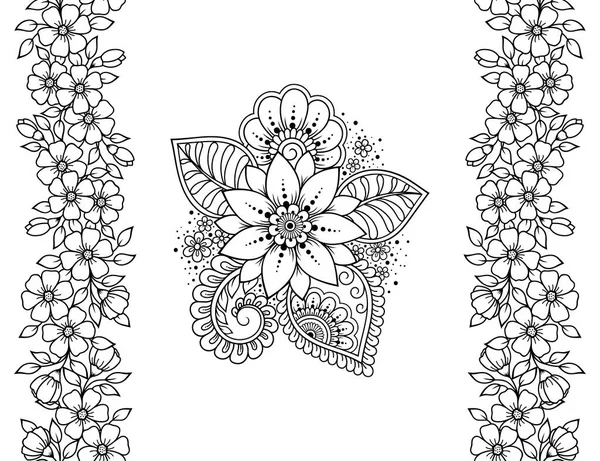 水仙花的无缝图案和边框 用于Henna的绘图和纹身 饰有东方民族风格 印度风格的装饰涂鸦饰物 手绘矢量示意图 — 图库矢量图片