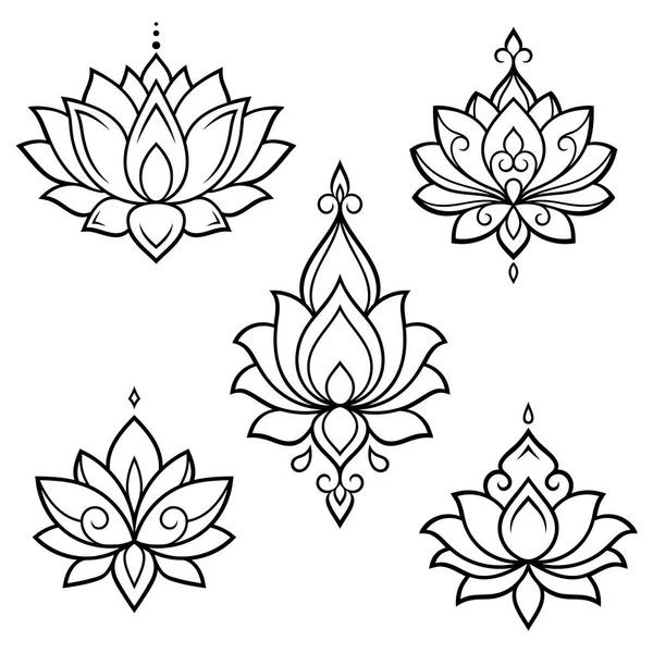 Uppsättning Lotus Mehndi Blommönster För Henna Teckning Och Tatuering Dekoration — Stock vektor