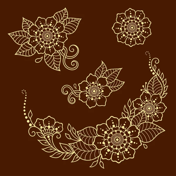 Set Van Mehndi Bloem Patroon Voor Henna Tekening Tatoeage Decoratie — Stockvector