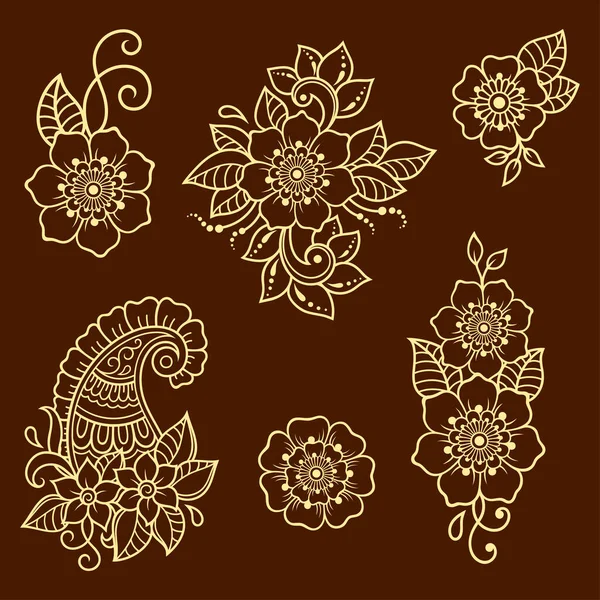 Set Motivo Floreale Mehndi Disegno Tatuaggio Henna Decorazione Stile Etnico — Vettoriale Stock