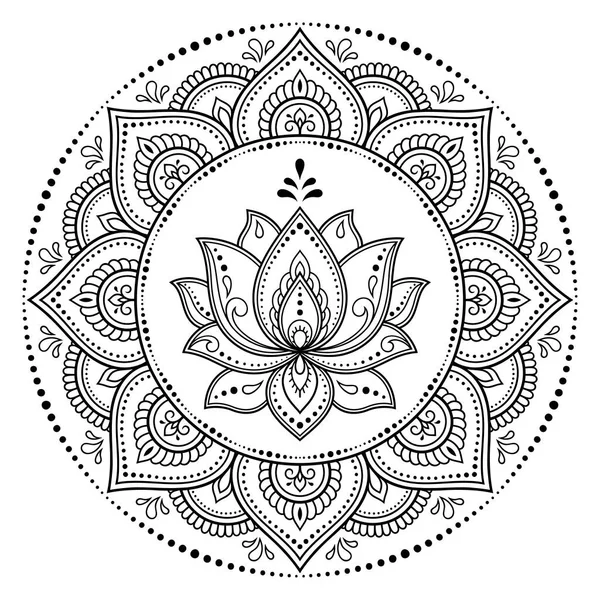 Patrón Circular Forma Mandala Con Flor Loto Para Henna Mehndi — Vector de stock