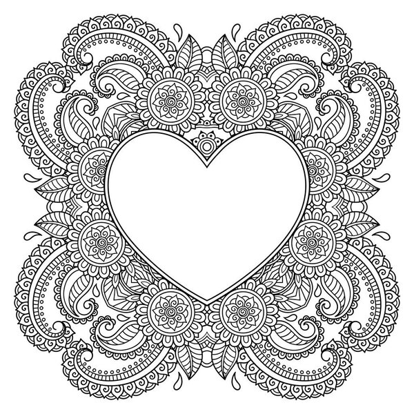 Циркулярный узор в форме мандалы с рамой в форме сердца. Декоративный орнамент в стиле этнического восточного манди. Рисунок векторного рисунка контуром. Книга-раскраска антистресса.
