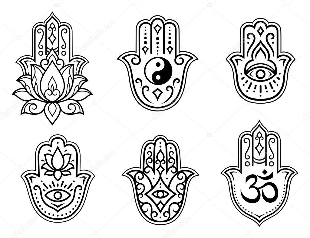 Set of Hamsa hand drawn symbol, lotus flower, Yin-Yang and OM sigils. Decorative pattern in oriental style for interior decoration and henna drawings. The ancient sign of 