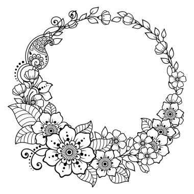 Doğu geleneğinde çerçeve. Kınalı dövmeler, defter, tabut, dergi, kartpostal ve klasör için dekoratif desenler. Mehndi tarzında çiçek mandala.