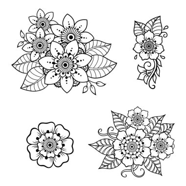 Kına çizimi ve dövme için Mehndi çiçek desenli bir set. Etnik doğuya özgü dekorasyon, Hint tarzı. Karalama süsü. El çizimi vektör illüstrasyonu.
