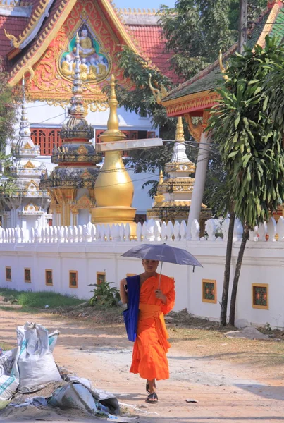 Bouddhiste près du temple bouddhiste, Laos — Photo