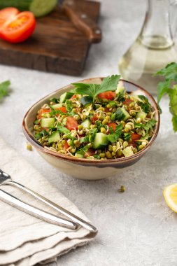 Mung fasulyesi, domates, salatalık, marul ve sebzeli sağlıklı salata.