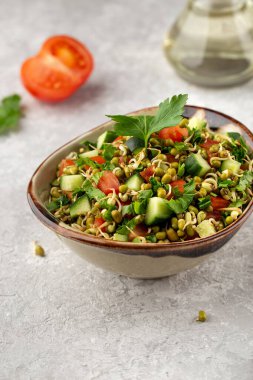 Mung fasulyesi, domates, salatalık, marul ve sebzeli sağlıklı salata.