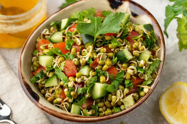 Gezonde Salade Met Mungbonen Tomaten Komkommer Sla Groenten — Stockfoto