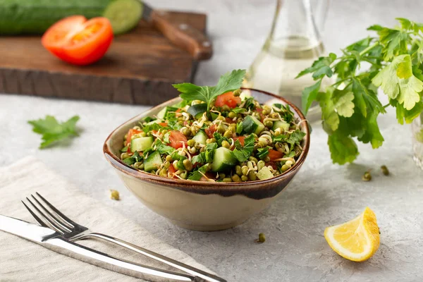 Mung fasulyesi, domates, salatalık, marul ve sebzeli sağlıklı salata.