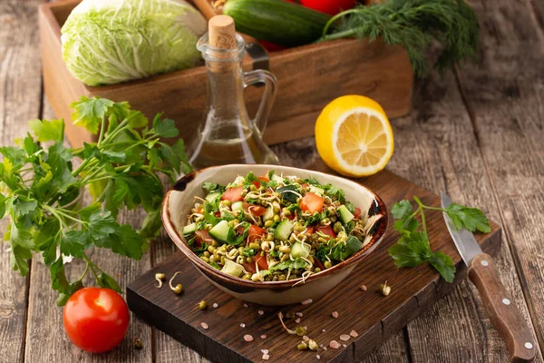 Gezonde Salade Met Mungbonen Tomaten Komkommer Sla Groenten — Stockfoto