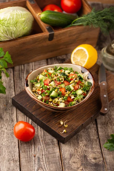 Gezonde Salade Met Mungbonen Tomaten Komkommer Sla Groenten — Stockfoto