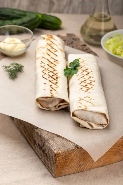 Meat Vegetables Sauce Wrapped Lavash — Stock Photo, Image