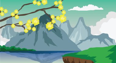 Landmark vektör sarı çiçek ağaç ve arka planlar Dağı'nda nehirde gölge var. ve açık yeşil çimen.