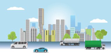 Arka planda çimenli ve büyük şehirli araba taşımacılığı.