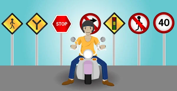 男子出于安全原因 依法骑摩托车时戴安全帽 在后面有各种各样的交通标志指示着正确的方向 — 图库矢量图片