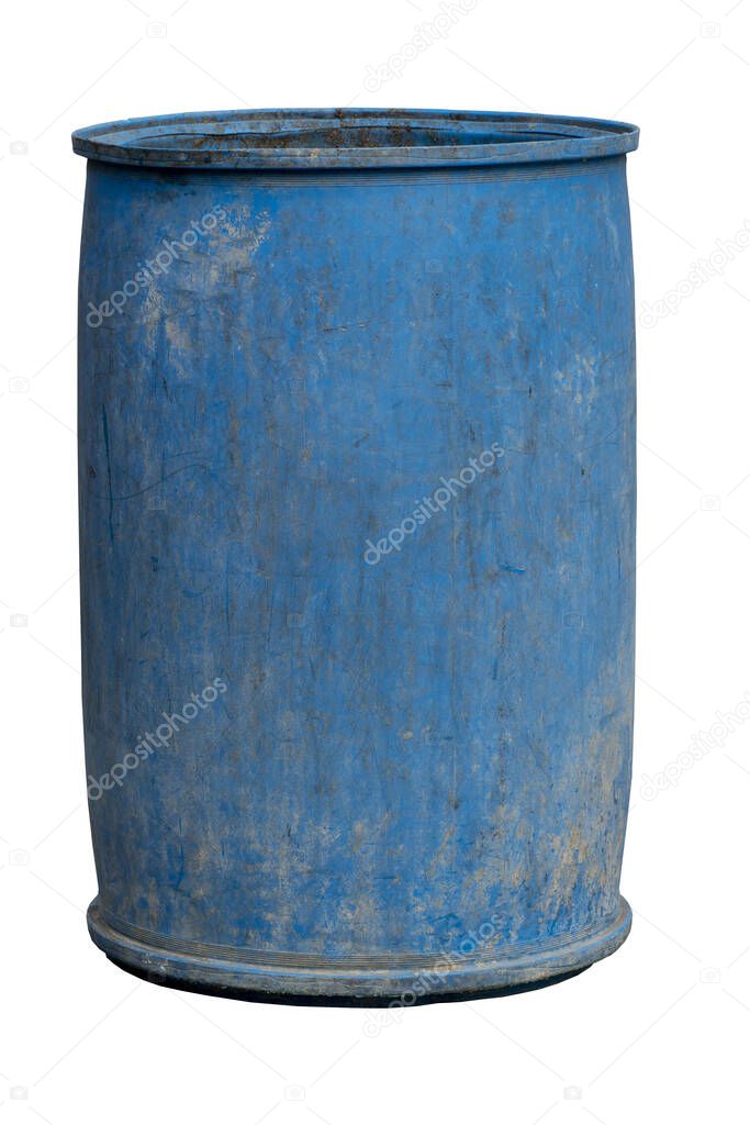 Old blue hard plastic trash on isolated white background with clipping path.