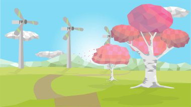 Rüzgâr çiftliğinin poligon vektör ekolojisi çayır enerjisinden alternatif enerji kullanır. İlkbaharda Kiraz ağaçlarıyla.