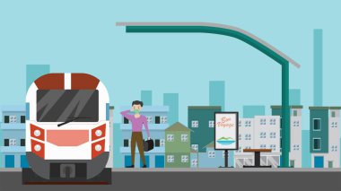 İş adamı şehir merkezindeki tren istasyonunda yalnız bir anti-virüs maskesi takıyor..