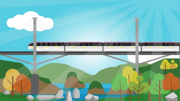 Trenes Eléctricos Alta Velocidad Circulan Puentes Sobre Ríos Áreas Naturales — Vector de stock