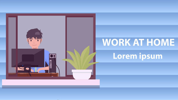Concept Work Home Man Working Personal Computer Edge Window — Stock Vector