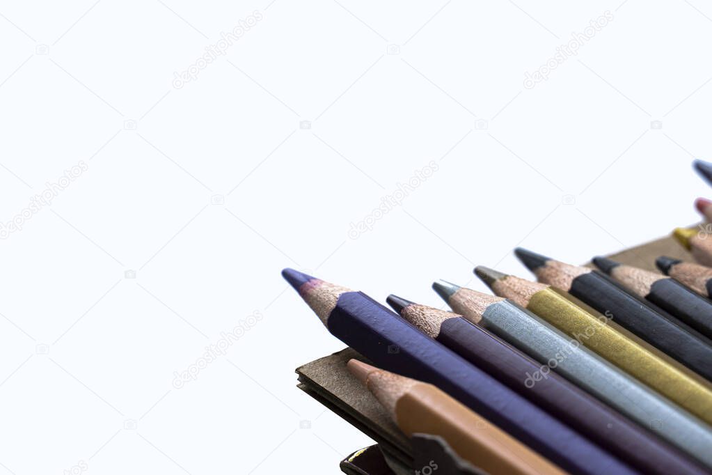 Abstract background of pencil color arrange the multicolored stripes on an empty white background.