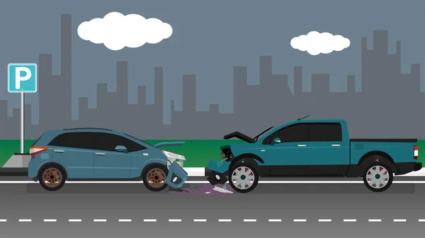 The hatchback and pickup truck were damaged. Asphalt road accident with city as background. — Stock Illustration Hatchback Pickup Truck Were Damaged Asphalt Road Accident City Background Stock Illustration