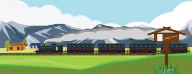 Düz bir bölgeden geçen ve evi olan bir buharlı tren. Ve yüksek dağlar, arka plan görüntüsü olarak..