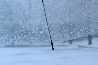 Arka plan doku kar pul açık beyaz plastik şemsiye üzerinde