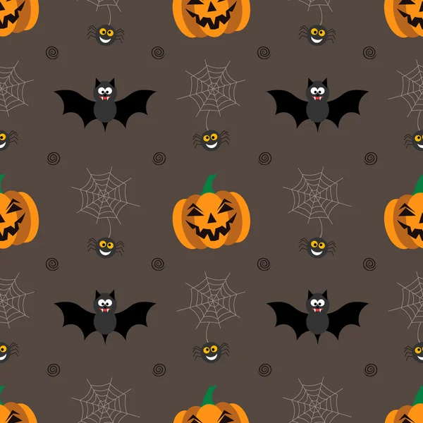 Naadloze achtergrond voor Halloween met pompoenen, vleermuizen en web. Vectorillustratie in moderne platte ontwerp. — Stockvector