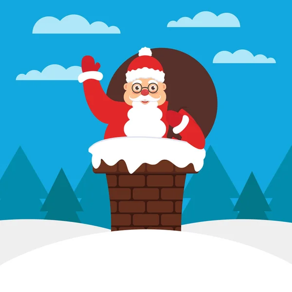 Mignon Père Noël avec sac cadeau dans la cheminée sur le toit. Illustration plate moderne . — Image vectorielle