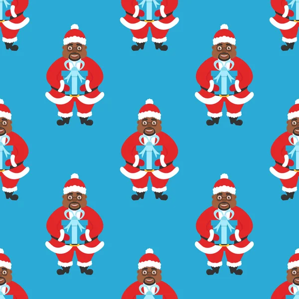 Fundo sem costura, banner Ano Novo ou Natal. África americano Papai Noel com óculos e barba, segurando um presente. Design plano moderno. Plano . — Vetor de Stock