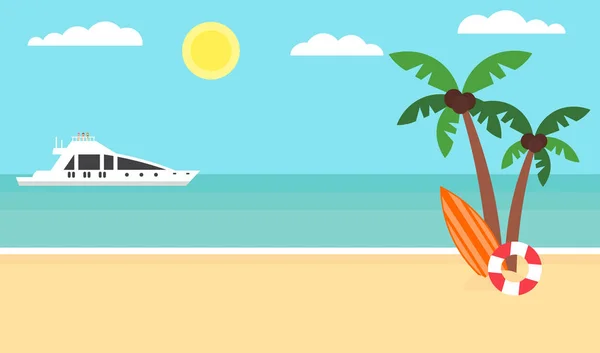 Zomer achtergrond - sunset beach. Zee, jacht en een palmboom. Moderne platte ontwerp. Vectorillustratie. — Stockvector