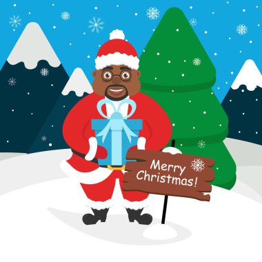 Şirin Afro-Amerikan Noel Baba hediye onun elinde. Dağlar, orman, kar manzara. Modern düz tasarım.