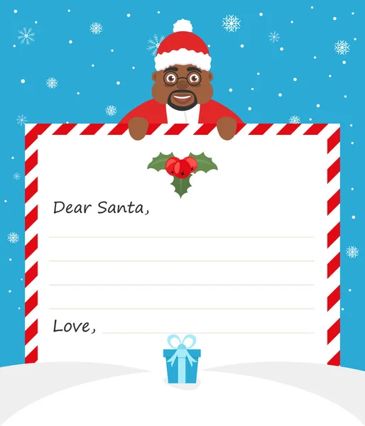 Le beau Père Noël afro-américain en uniforme tient un papier et sourit amical. Joyeux Noël et bonne année . — Image vectorielle