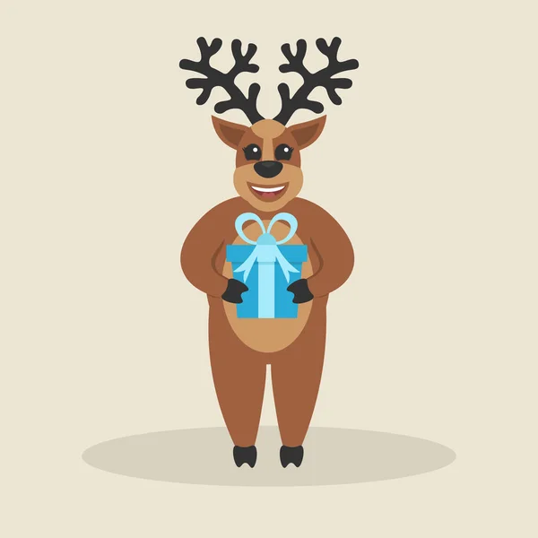 Kreslený cute jelen s darem. Veselé Vánoce a šťastný nový rok. — Stockový vektor