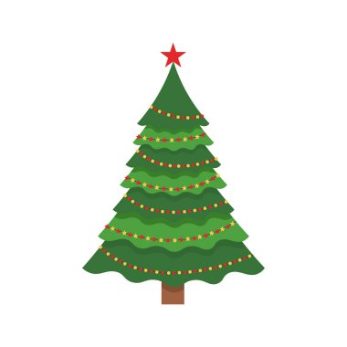 Güzel zarif yeşil Noel ağacı. Çok renkli garland. Beyaz bir arka plan üzerinde vektör çizim.