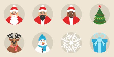 Yeni yıl veya Noel simgeler kümesi. Düz tasarım. Vektör. Sevimli karakterler. Tatil geleneksel öğeleri.