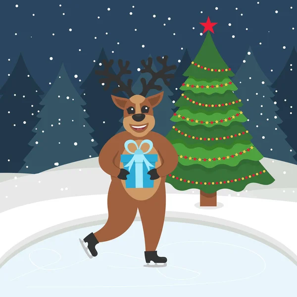 Kış buz pateni pisti üzerinde paten güzel sevimli geyik. Mutlu yeni yıl ve mutlu Noeller. Noel ağacı ile tebrik kartı. Vektör çizim. Düz tasarım. — Stok Vektör