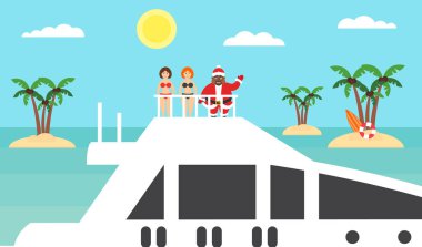 Yaz arka plan - sunny beach. Deniz, palmiye ağacı ve afroamerican santa üzerine yat. Bikinili kızlar. Merry Christmas ve yeni yıl. Modern düz tasarım. Vektör çizim.