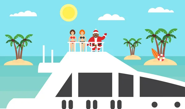 Fondo de verano - playa soleada. Mar, palmera y santa afroamericana en yate.Niñas en bikinis.Feliz Navidad y Año Nuevo. Diseño plano moderno. Ilustración vectorial . — Vector de stock