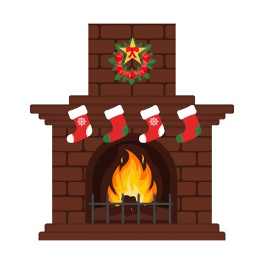 Düz renkli karikatür tarzı Noel şömine. Noel arifesi, bizim çorap. Mutlu Noeller ve mutlu yeni yıl.