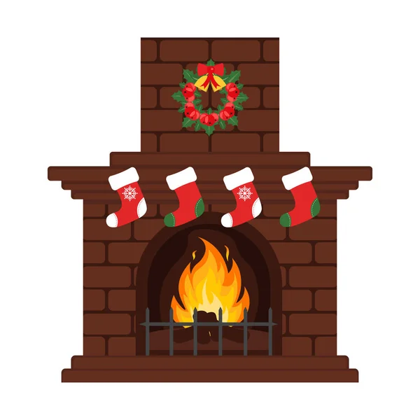 Christmas fireplace in colorful cartoon flat style. Christmas eve, stockings and gift. Merry Christmas and happy New year. Flat design. — Stock Vector