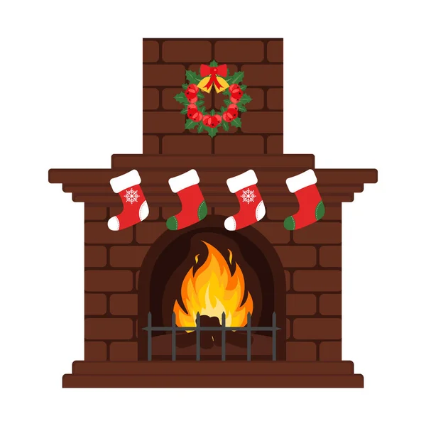 Christmas fireplace in colorful cartoon flat style. Christmas eve, stockings and gift. Merry Christmas and happy New year. Flat design. Vector Graphics