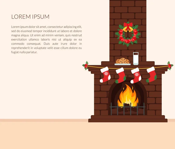 Feestelijke interieur van de kamer. Bakstenen open haard met vuur, Kerstmis kousen en krans, de melk en koekjes snack voor Santa Claus. Een klok van de muur. Vector. — Stockvector