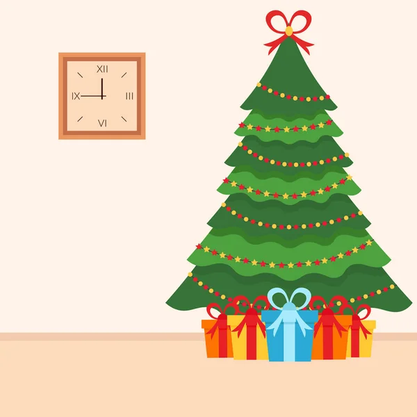Noel ağacı. Bir sürü Noel hediyesi. Düz stil oda iç. Vektör. — Stok Vektör