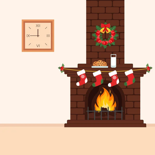 Bakstenen open haard met behandelt voor Santa. Kerstmis illustratie in vlakke stijl. Het interieur van de kamer. — Stockvector